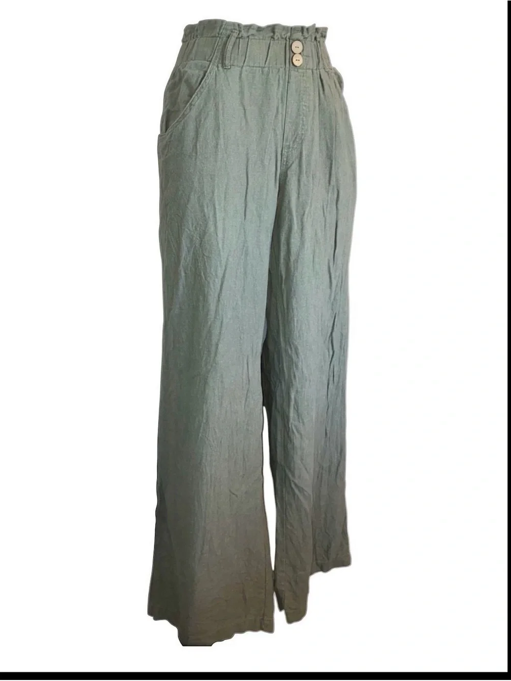 Rewind wide leg Pants, women's L, olive Linen-Blend elastic paperbag waist. EUC